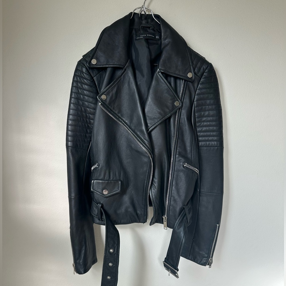 Zara Black Quilted Leather Moto Jacket